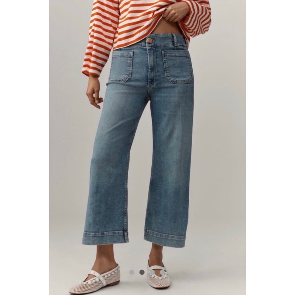 Maeve The Colette Wide Leg Crop Jeans 30 Blue Patch Pocket Boho Preppy - Picture 2 of 13
